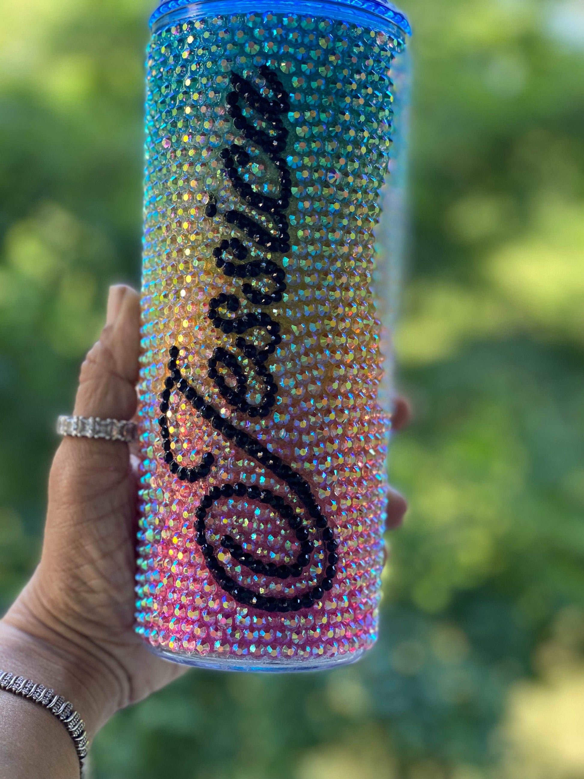 Personalized Rhinestone Tumbler, Rainbow Bling Tumbler