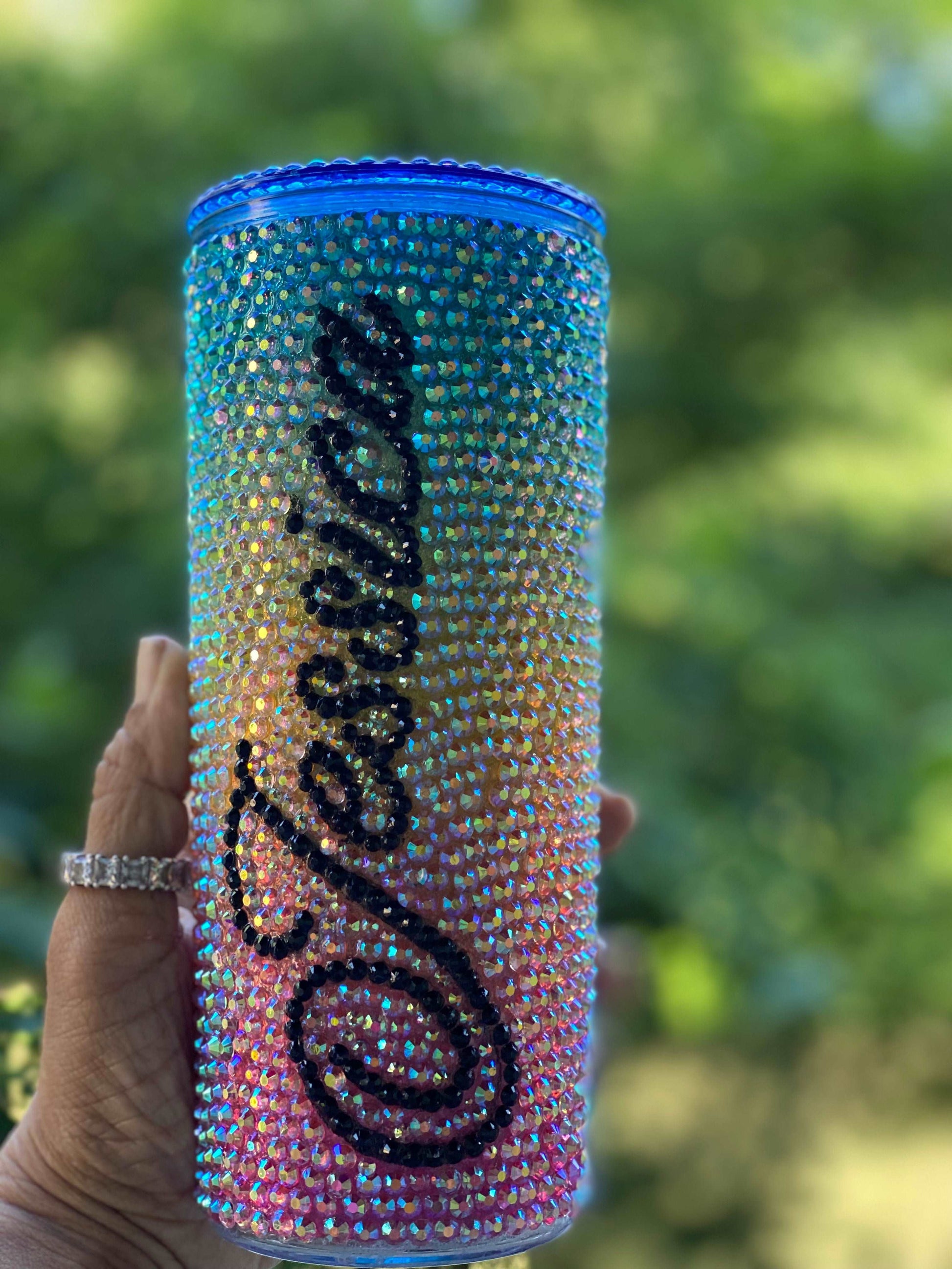 Personalized Rhinestone Tumbler, Rainbow Bling Tumbler