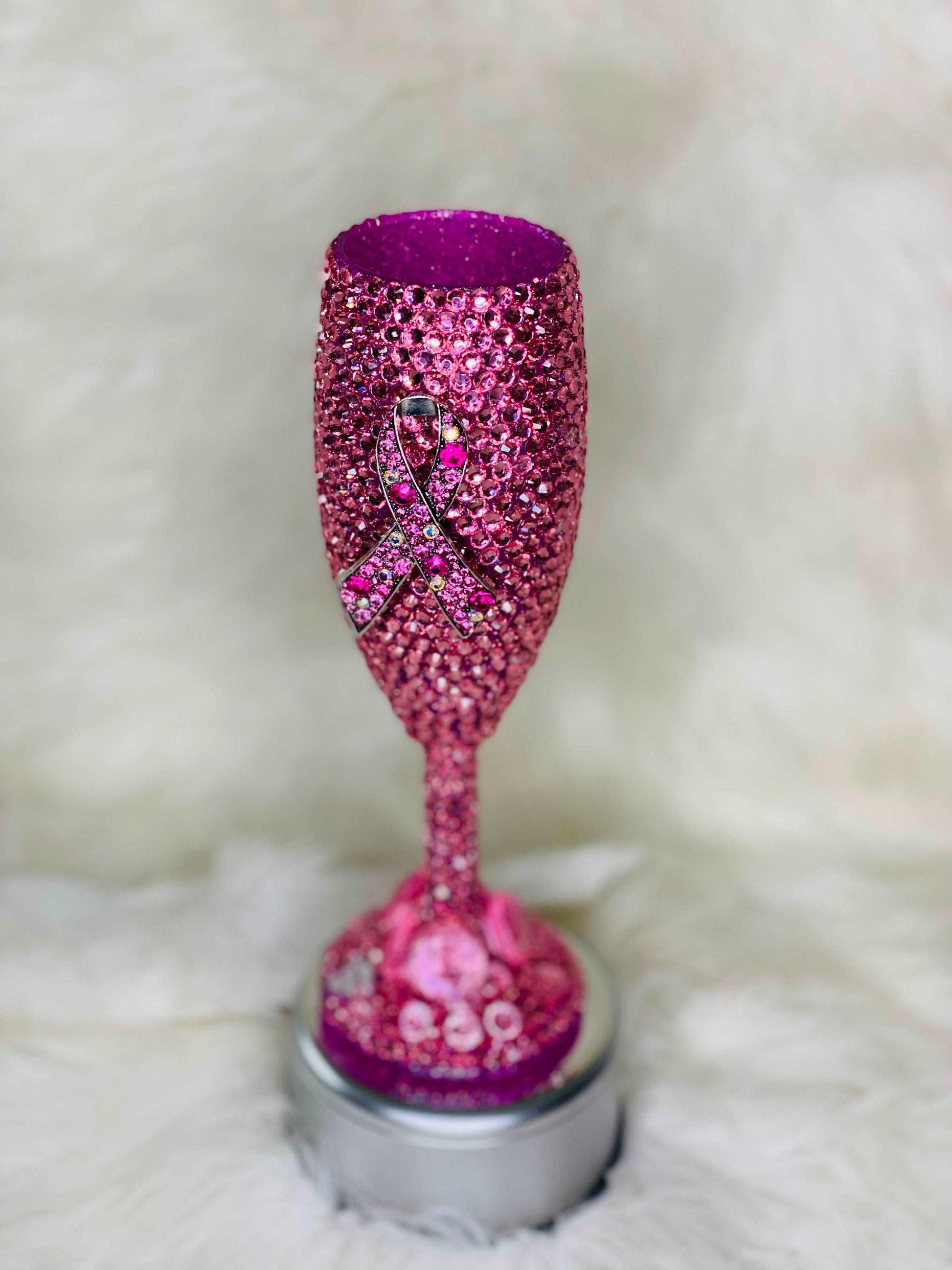 Pink Bling Cancer Ribbon Wine Glass